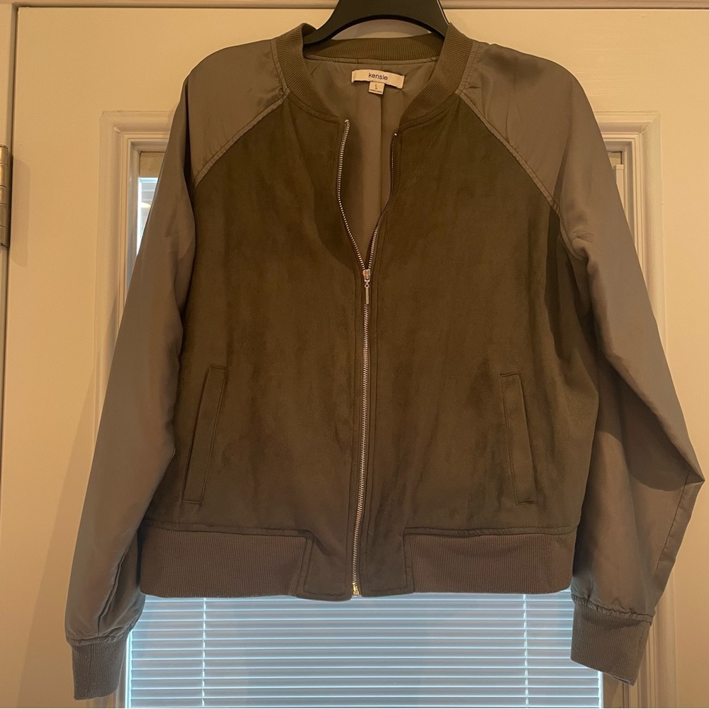Kensie Olive Suede and Satin Bomber Jacket